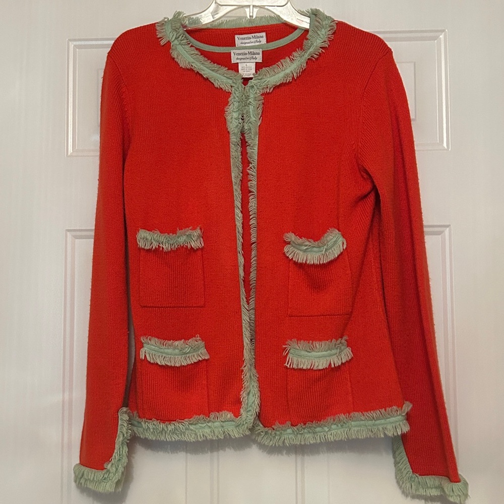Venezia Milano Italian Cardigan Twin Set L Orange Fringe RARE Vintage Colorful